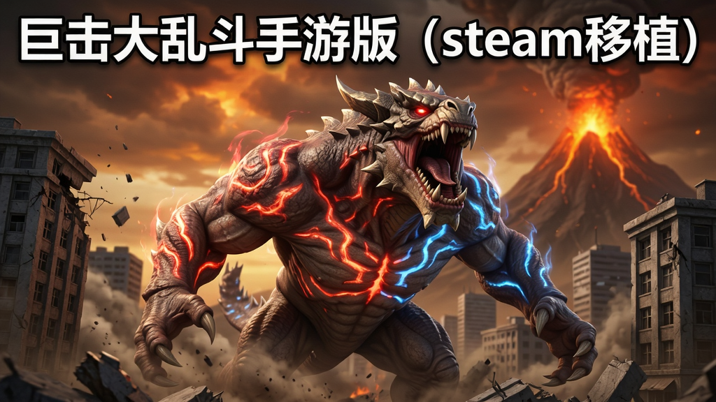 巨击大乱斗手游版(steam移植)游戏主视觉图,画面中央是一只巨大的怪兽在城市中咆哮,周围是倒塌的建筑物和飞扬的尘土,怪兽身上有红色和蓝色的能量纹路,背景是燃烧的天空和远方的火山,整体风格写实且充满张力,游戏标题“巨击大乱斗手游版(steam移植)”以粗体字显示在画面上方,画质高清,细节丰富,干净无多余元素。
