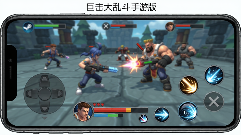 巨击大乱斗手游版(steam移植)操作界面示意图,画面中显示手机屏幕上的虚拟摇杆和技能按钮布局,下方有角色血条和技能冷却图标,背景是游戏对战画面,画质清晰,标注清晰,干净无多余元素。