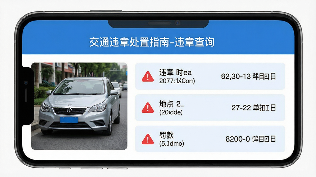 主体:手机界面展示车辆违章查询结果页面,包含违章时间、地点、扣分、罚款信息。布局:手机屏幕居中,左侧为车辆照片,右侧为违章详情列表。排版:信息分条展示,字体清晰。风格:扁平化设计,蓝白配色。细节:屏幕顶部显示“交通违章处置指南-违章查询”字样,违章条目带有红色警告图标。画质:高清晰,干净,无多余元素。