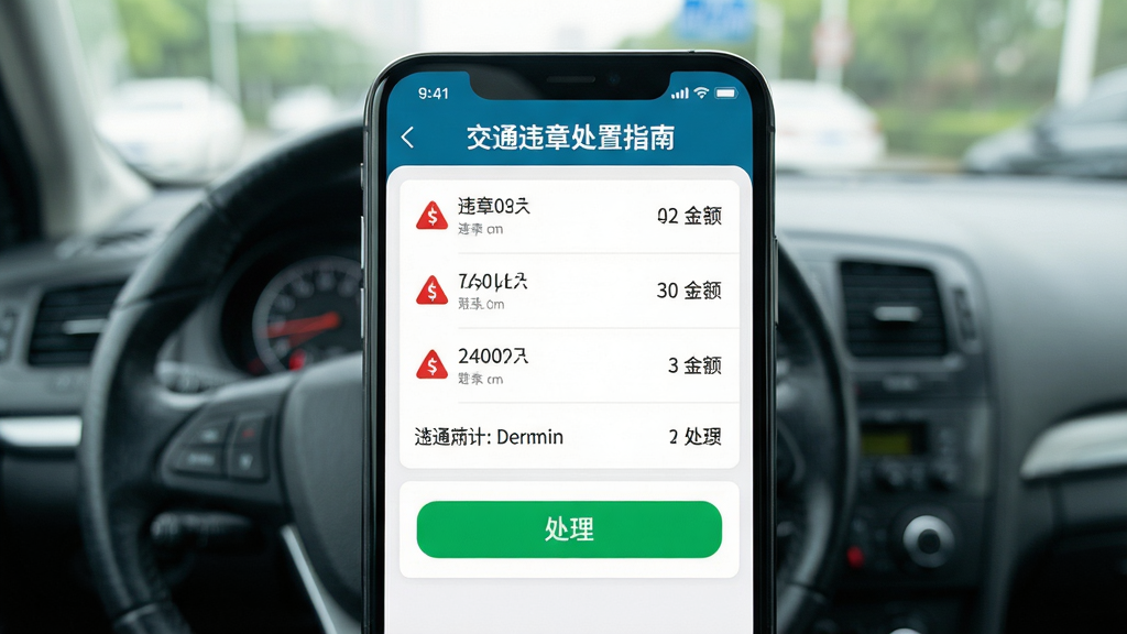 主体:智能手机屏幕展示《交通违章处置指南》应用界面,界面清晰显示违章列表、罚款金额与处理按钮。布局:手机居中,屏幕内容特写,背景为模糊的驾驶室场景。排版:应用界面简洁,信息层级分明。风格:写实风格,现代感强,色彩明亮。细节:屏幕中显示“交通违章处置指南”字样,红色违章标记醒目,绿色处理按钮突出。画质:高清,干净,无多余元素。