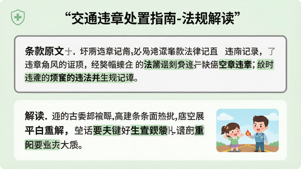 主体:应用内法规解读页面,展示一条违章记录对应的法律条款原文与白话解释。布局:上方为条款原文引用框,下方为解读文字,右侧配有小动画示意。排版:层次分明,重点文字加粗高亮。风格:教育风格,柔和绿色调。细节:页面顶部有“交通违章处置指南-法规解读”字样,条款引用框带灰色边框。画质:高清,干净,无多余元素。