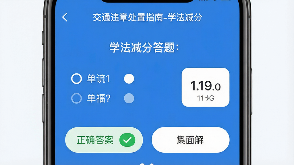 主体:手机界面展示学法减分答题页面,包含单选题与答案解析。布局:题目居中,下方为选项按钮,右侧有计时器。排版:清晰易读,选项圆角设计。风格:学习类应用风格,蓝色背景。细节:屏幕顶部显示“交通违章处置指南-学法减分”字样,正确答案用绿色对勾标出。画质:高清,干净,无多余元素。