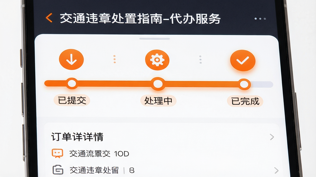 主体:手机界面展示代办处理流程进度条,从提交订单到完成处理。布局:进度条横向展示,当前步骤高亮,下方有订单详情。排版:简洁明了,步骤图标化。风格:商务简约,橙色主调。细节:屏幕上方显示“交通违章处置指南-代办服务”字样,进度条上有“已提交”、“处理中”、“已完成”标签。画质:高清,干净,无多余元素。