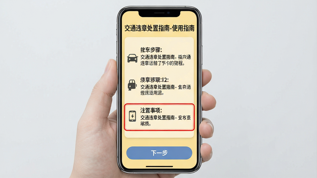主体:手机屏幕显示《交通违章处置指南》使用教程界面,包含步骤指示与注意事项。布局:手机居中,屏幕内展示分步教程,底部有“下一步”按钮。排版:步骤编号清晰,配有小图标。风格:教程风格,浅黄色背景。细节:屏幕顶部有“交通违章处置指南-使用指南”字样,重点步骤用红色框标注。画质:高清,干净,无多余元素。
