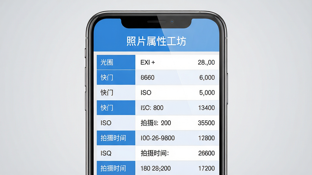 主体:照片属性工坊软件界面截图,展示手机屏幕上清晰的EXIF信息列表,包含光圈、快门、ISO、拍摄时间等参数。布局:居中构图,界面元素排列整齐,上方为软件名称“照片属性工坊”字样,下方为信息列表。排版:信息分行展示,每行左侧为参数名称,右侧为具体数值,字体清晰易读。风格:现代简约,扁平化设计,色彩以蓝白为主,整体干净清爽。细节:屏幕上有高光反射效果,背景为浅灰色渐变,突出屏幕内容。画质:高清,干净,无多余元素。