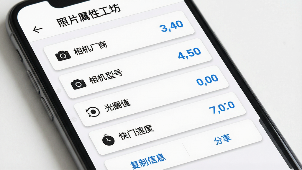 主体:手机屏幕展示照片属性工坊的EXIF信息详情页,列表包含“相机厂商”、“相机型号”、“光圈值”、“快门速度”等条目。布局:信息以卡片式列表纵向排列,每条信息左侧为图标和参数名,右侧为具体数值,底部有“复制信息”和“分享”按钮。排版:清晰的分栏设计,字体大小适中,重点数值用蓝色突出。风格:简洁商务风,背景为白色,卡片有浅灰色阴影。细节:屏幕顶部显示软件名称“照片属性工坊”和返回箭头,整体界面友好。画质:高清,干净,无多余元素。