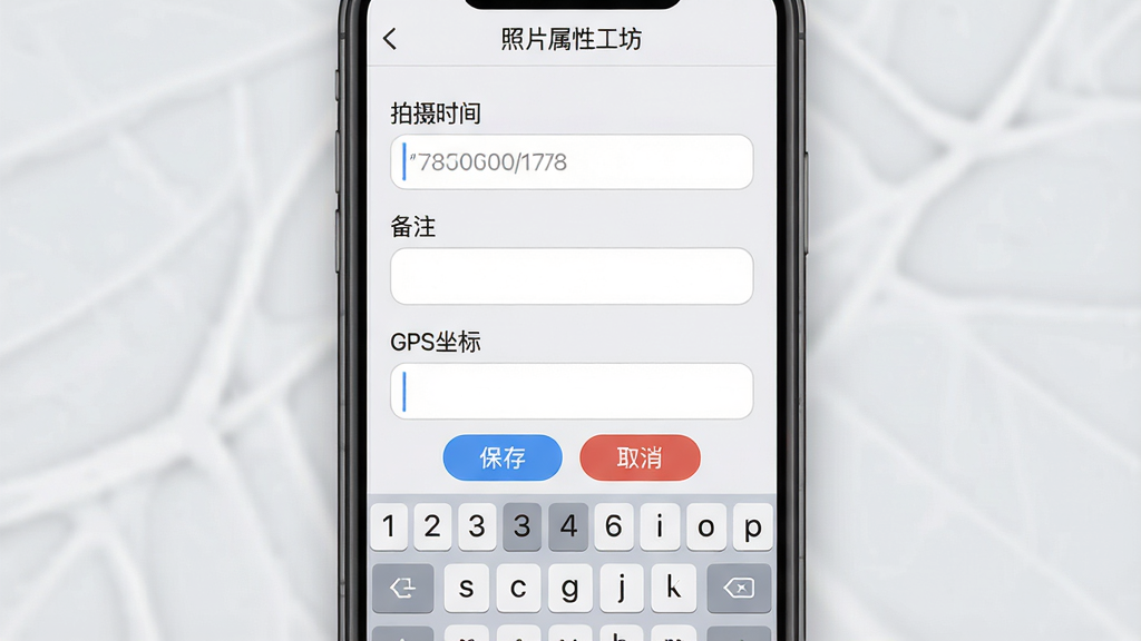 主体:手机屏幕显示照片属性工坊的编辑界面,有“拍摄时间”、“备注”、“GPS坐标”等输入框。布局:界面顶部为软件名称“照片属性工坊”,中间为表单样式,底部有“保存”和“取消”按钮。排版:输入框纵向排列,每个字段前有标签,字体清晰。风格:简洁清爽,背景为浅灰色,输入框为白色圆角矩形。细节:虚拟键盘弹出,显示数字和字母,整体氛围专业。画质:高清,干净,无多余元素。