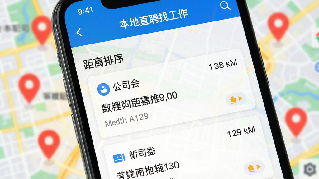 一张「本地直聘找工作」应用的职位列表界面特写,屏幕上显示按距离排序的职位卡片,每张卡片上清晰标注公司与职位名称,卡片右上角显示距离公里数,背景为模糊的城市地图,地图上有多个红色定位图标,前景手机屏幕占据画面主体三分之二,布局清晰,风格写实,画质高清,色彩明亮,无多余元素