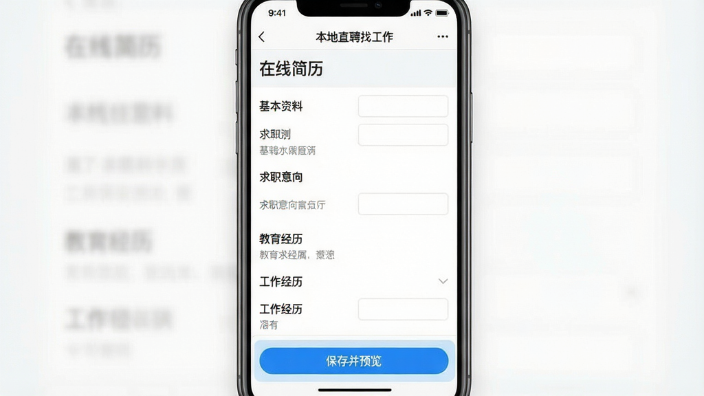 一张竖版手机截图,展示「本地直聘找工作」的简历编辑页面,页面上方为“在线简历”标题,下方依次为基本资料、求职意向、教育经历、工作经历等填写区域,屏幕上有蓝色高亮显示的“保存并预览”按钮,整体界面UI设计简洁,表单填写项排列整齐,背景为干净的纯白色,图片画质清晰,色彩自然,构图完整