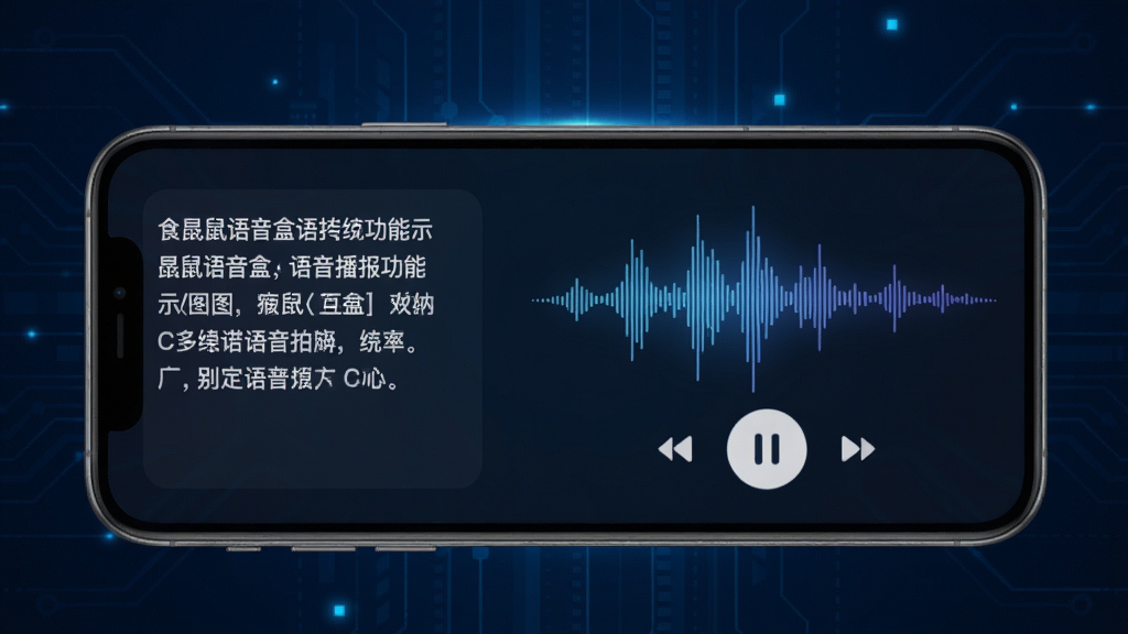 袋鼠语音盒语音播报功能示意图,展示手机屏幕上文本内容正被转换为语音波形,旁边有播放控制按钮,背景为深蓝色科技感风格,主体突出语音转换过程,布局清晰,画质细腻干净