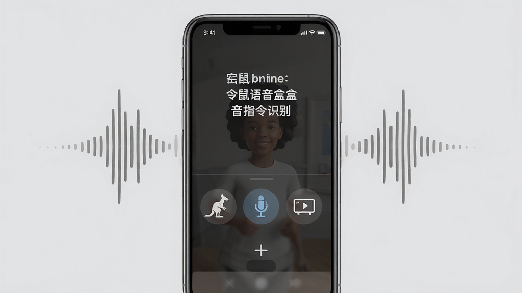 袋鼠语音盒语音指令识别界面,展示用户对着手机说话,手机屏幕显示识别文字和指令执行图标,背景为浅灰色调,主体为手机与声波,布局居中,风格写实,画质清晰干净
