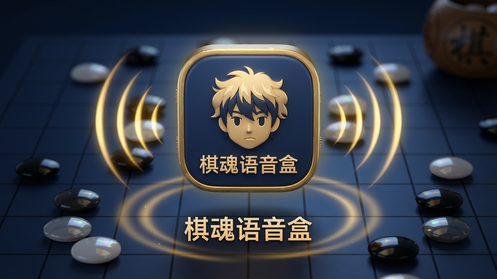 主体:棋魂语音盒的3D图标悬浮在棋盘上方,周围有金色光效,象征智慧与陪伴。布局:图标居中,棋盘为背景,棋子散落有致,整体纵深感强。排版:画面简洁,无多余文字,仅中心有“棋魂语音盒”字样。风格:科技感与国风结合,色调以深蓝和金色为主。细节:棋子反射光泽,语音波纹从图标向外扩散。画质:8K超清,干净,无多余元素。
