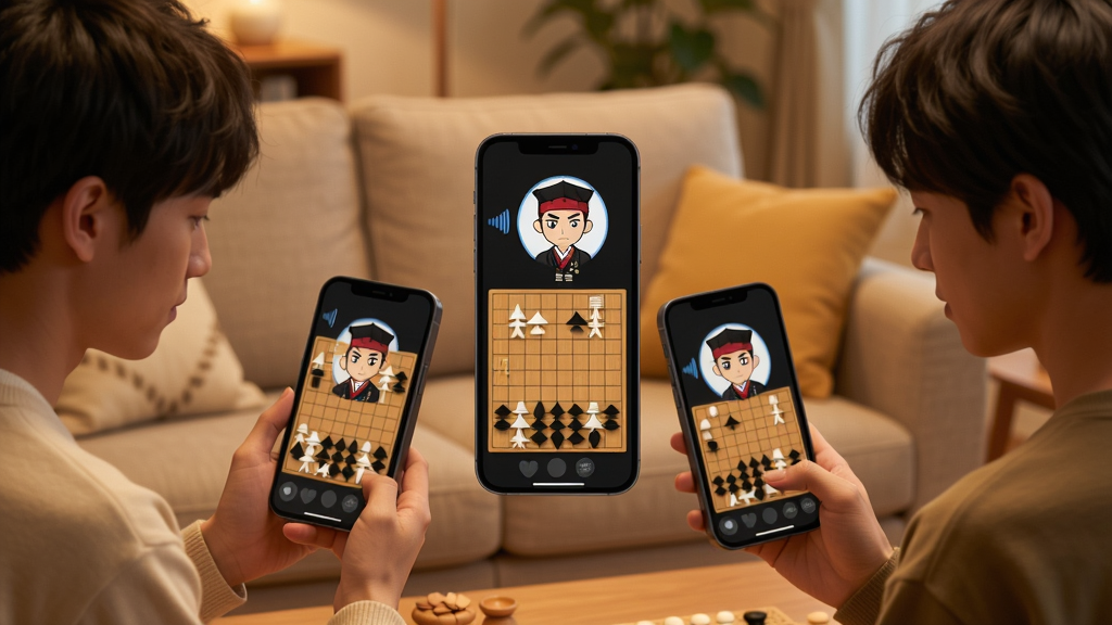 主体:两位用户通过手机使用棋魂语音盒对弈,手机屏幕显示棋局和语音助手头像。布局:左右各一人,中间手机悬浮,背景为客厅沙发。排版:画面温馨,手机屏幕内容清晰。风格:生活化场景,暖色调。细节:人物表情专注,语音助手头像为卡通棋士形象。画质:4K,干净,无多余元素。