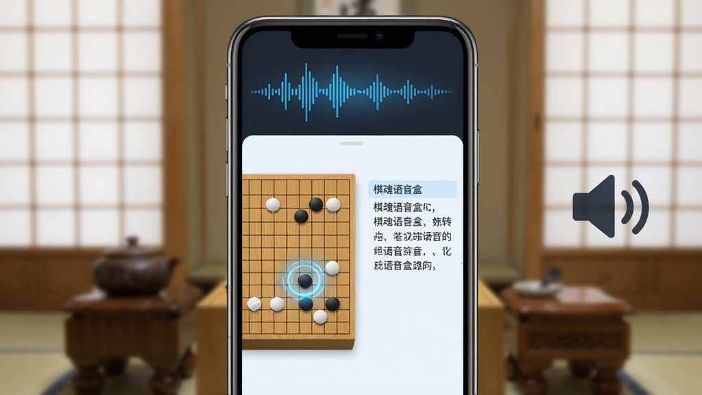 主体:手机屏幕显示棋魂语音盒界面,顶部有语音波形动画。布局:手机居中,背景为模糊的棋室场景,右侧有扬声器图标。排版:界面简洁,左侧为棋盘,右侧为语音文字转写。风格:现代科技风,浅色背景配蓝色高亮。细节:语音波形随声音起伏,棋子落子时有光效。画质:高清,干净,无多余元素。