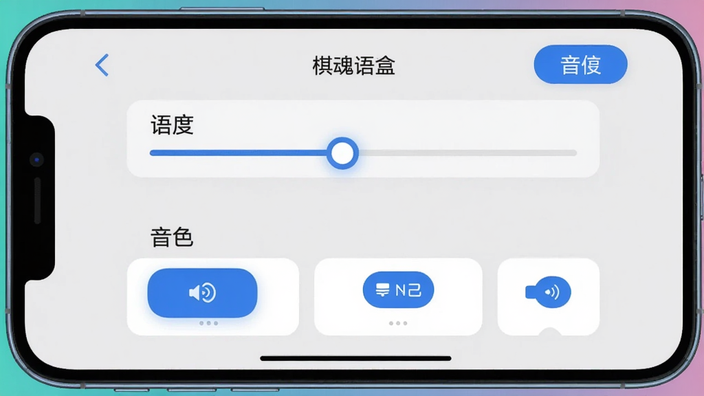 主体:智能手机横屏显示棋魂语音盒的语音设置界面,有语速滑块和音色选择。布局:手机居中,背景为纯色渐变,界面元素清晰。排版:设置项以列表形式排列,当前选中项高亮。风格:简洁实用,浅灰背景配蓝色按钮。细节:滑块有拖动光效,音色选项有试听按钮。画质:高清,干净,无多余元素。