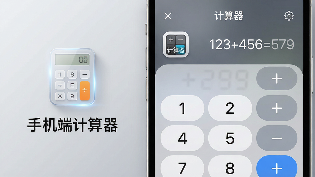 主体:一部现代智能手机屏幕特写,屏幕上清晰显示“手机端计算器”应用界面,界面包含数字键盘、运算符号和简洁的显示区域。布局:手机居中偏右,屏幕内容占据画面主体,左侧留白处放置一个透明的计算器图标和“手机端计算器”文字标识。排版:采用左右构图,右侧为手机实拍图,左侧为文字说明,整体平衡稳重。风格:写实风格,结合科技感光效,背景为浅灰色渐变,突出手机屏幕的清晰度。细节:屏幕上的数字键排列整齐,显示区域有“123+456=579”的运算示例,应用图标圆角设计,带有“计算器”字样。画质:超高清8K,细节丰富,光线柔和,干净,无多余元素。