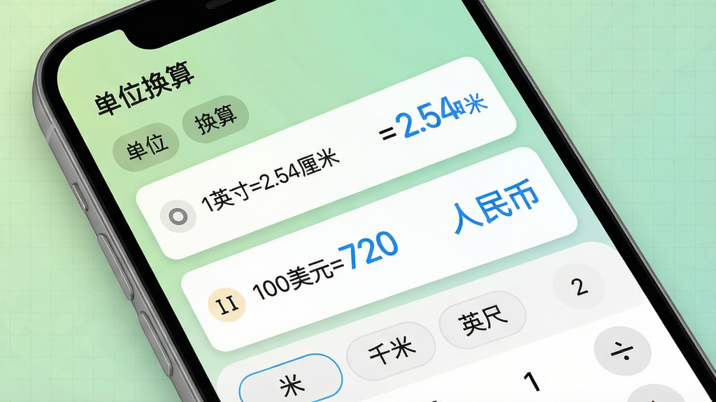 主体:手机端计算器的单位换算界面,屏幕上显示“1英寸=2.54厘米”和“100美元=720人民币”的换算示例,下方有米、千米、英尺等多个单位选项。布局:手机屏幕居中,背景为浅绿色渐变,左上角有“单位换算”标题,下方有分类标签栏。排版:列表式布局,每个换算项以卡片形式展示,清晰易读。风格:简洁商务风格,色彩清新,适合工具类应用。细节:单位图标采用小圆点标识,换算结果用蓝色字体突出,背景有细微的网格纹理。画质:高清,文字锐利,干净,无多余元素。