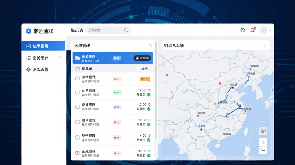 集运通双背软件主界面展示,深蓝色科技感背景,中央显示运单列表与轨迹地图,左侧功能菜单包含运单管理、财务统计、系统设置,整体布局简洁明快,画面干净,无多余元素,高画质