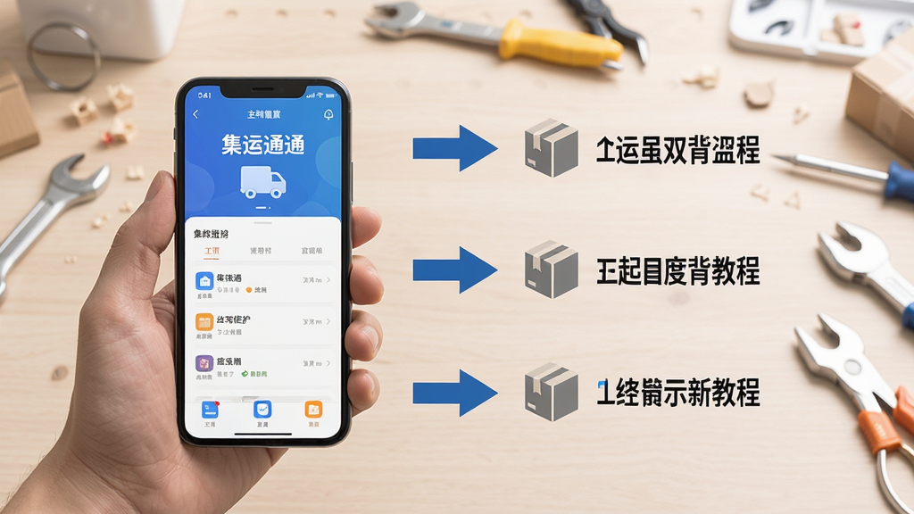 集运通双背使用教程示意图,手机屏幕显示应用主界面,旁边有步骤箭头指引,背景为浅色工作台,风格简洁,画质清晰,无多余元素