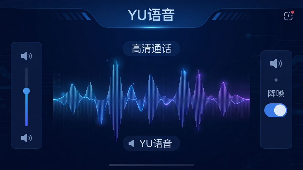 主体:YU语音应用内语音波形图界面,显示“YU语音”名称,背景为深蓝色科技风格。布局:中央是动态音频频谱,左右分布音量调节与降噪开关图标。排版:波形图为主视觉,文字标注“高清通话”字样。风格:科技感、动态感,色彩以蓝紫渐变为主。细节:波形线条细腻,带有光效,界面干净整洁。画质:高清渲染,细节丰富,无多余元素。