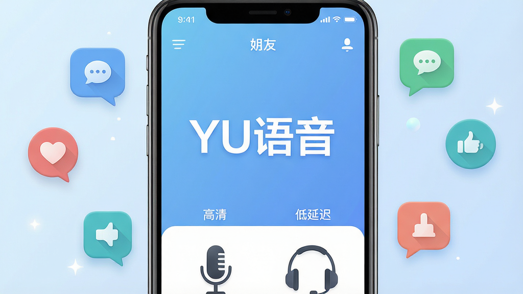 主体:YU语音手机应用界面,展示语音通话与好友列表,屏幕中央显示“YU语音”字样,背景为淡蓝色渐变。布局:手机屏幕居中,周围环绕社交气泡图标,下方有麦克风与耳机元素。排版:简洁明快,文字清晰,突出“YU语音”品牌名。风格:现代扁平化,色彩清新,科技感强。细节:界面图标精致,通话质量标识如“高清”“低延迟”点缀,画面干净无杂物。画质:超清渲染,光影柔和,整体干净无多余元素。