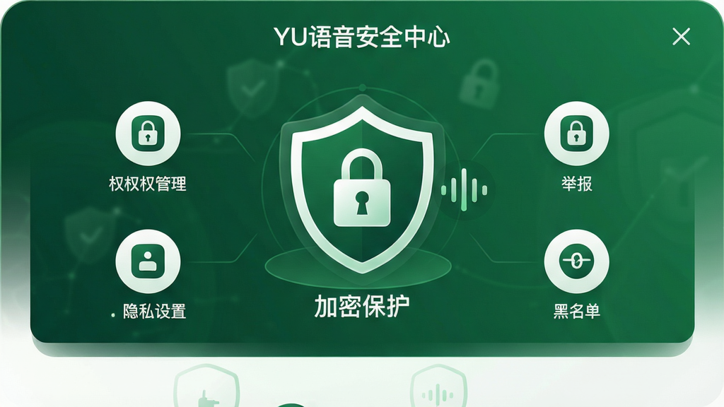 主体:YU语音安全中心界面,展示加密锁图标与隐私设置选项,背景为绿色渐变。布局:中心突出盾牌与锁形图标,周围环绕权限管理、举报、黑名单等图标。排版:简洁直观,文字说明清晰。风格:安全可靠感,色彩以深绿与白色为主。细节:图标线条流畅,有“加密保护”字样,画面干净。画质:高清,无多余元素。