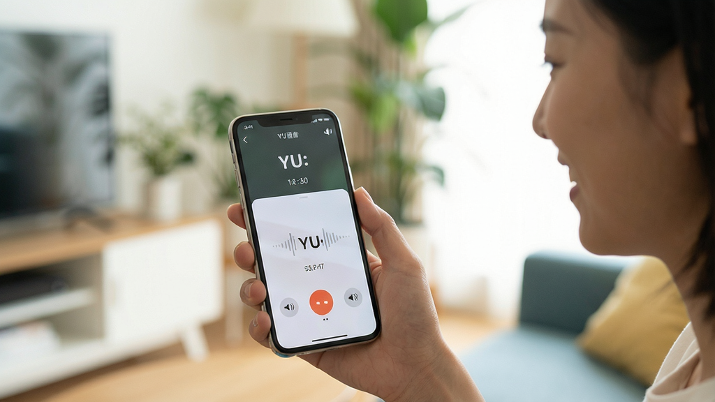 主体:用户手持手机使用YU语音进行通话的场景,屏幕显示“YU语音”通话界面。布局:人物居中,手机屏幕特写,背景为模糊的室内环境。排版:突出手机屏幕内容,通话界面清晰可见。风格:写实生活风,光线明亮。细节:手机屏幕上有通话时长、音量图标,人物表情自然。画质:高清摄影,干净无多余元素。