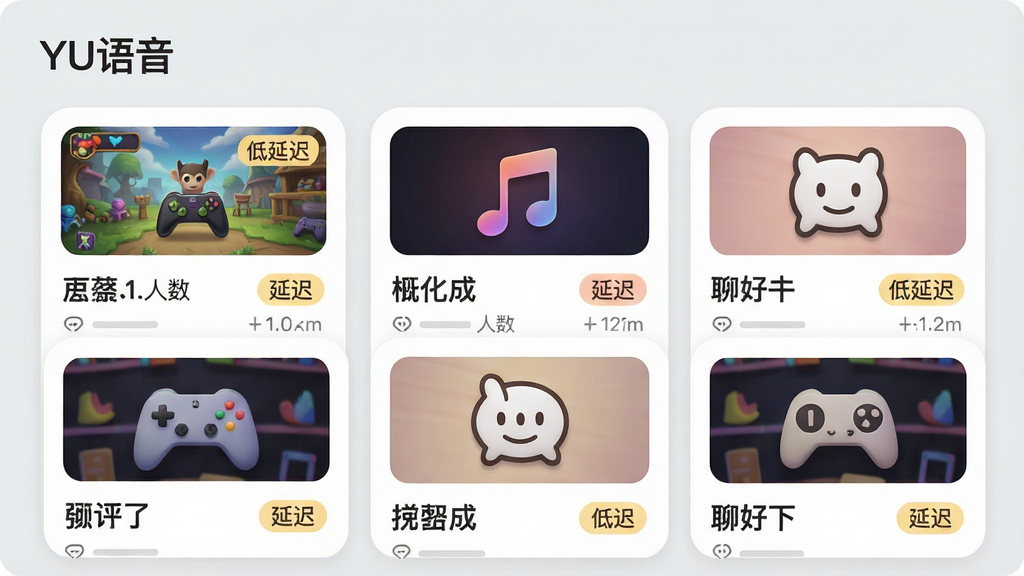 主体:YU语音房间列表界面,展示多个语音房间封面,标题“YU语音”位于顶部。布局:列表式排列,每个房间卡片包含名称、人数、延迟标识。排版:卡片圆角设计,信息层级分明,突出“低延迟”标签。风格:清新简洁,背景为浅灰色。细节:房间封面有游戏、音乐、聊天等图标,整体干净无多余元素。画质:细腻柔和,色彩自然。