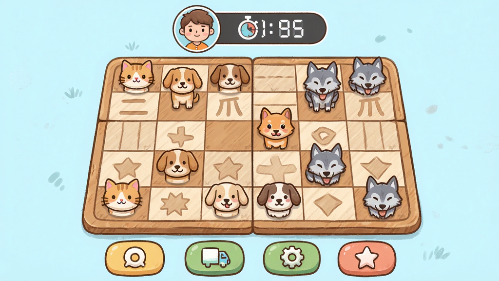 主体:爪爪斗兽棋游戏主界面,展示可爱的动物棋子与棋盘;布局:棋盘居中,上方为对手头像与计时器,下方为功能按钮;排版:清晰直观,图标简洁;风格:卡通手绘风,色彩明亮柔和;细节:棋子有猫、狗、狼等动物造型,棋盘格子纹理清晰;画质:高清,干净,无多余元素。
