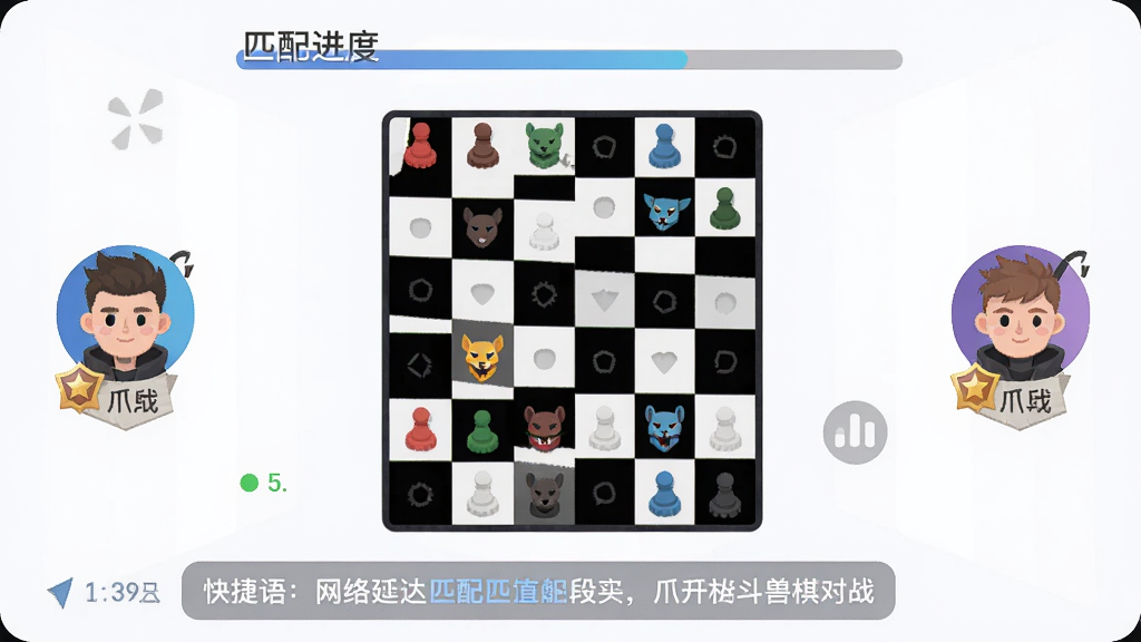 主体:爪爪斗兽棋匹配对战界面,显示双方头像与段位;布局:上方为匹配进度条,中间为棋盘预览,下方为聊天快捷语;排版:简洁明了;风格:现代扁平化设计;细节:段位徽章、网络延迟指示;画质:高清,干净,无多余元素。