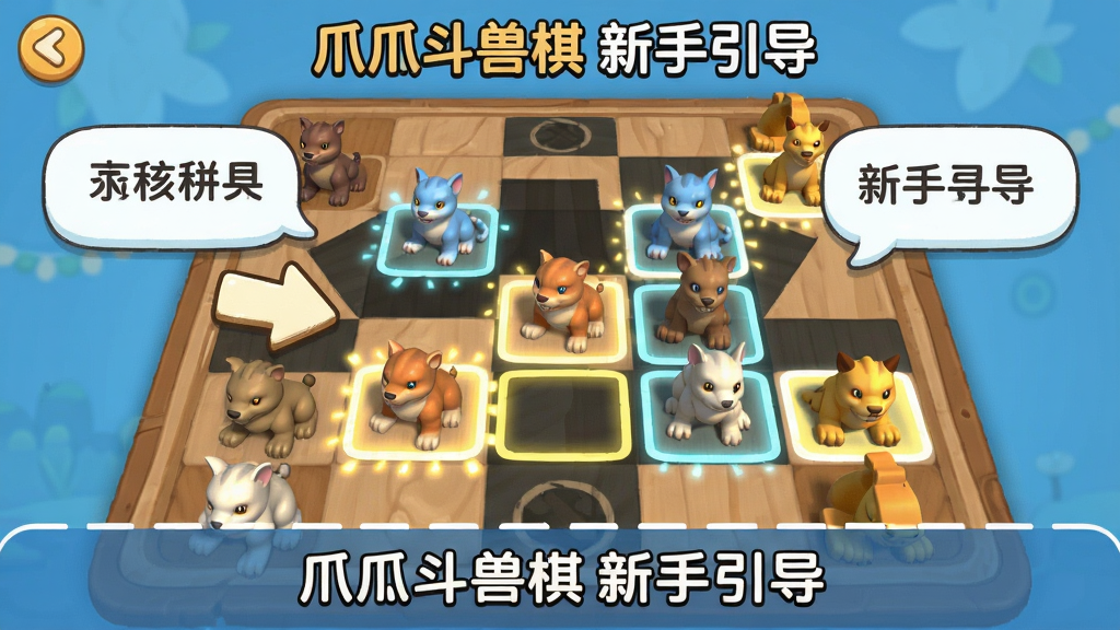 主体:爪爪斗兽棋新手引导界面,箭头指向可移动的棋子;布局:棋盘放大,高亮可走格子,底部有文字说明;排版:清晰教学风格;风格:卡通教学风格;细节:高亮格子闪烁,文字气泡;画质:高清,干净,无多余元素。