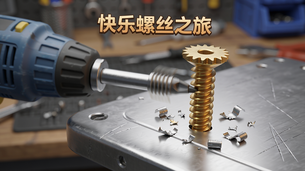 主体:手机屏幕特写,显示《快乐螺丝之旅》中一颗金色螺丝正在被电动螺丝刀拧入银色金属板的过程,周围有细微的金属碎屑。布局:螺丝位于画面中央偏右,螺丝刀从左侧伸入,背景是虚化的游戏工作台。排版:主体占画面70%,背景虚化占30%。风格:写实与卡通结合,突出金属质感和光影效果。细节:螺丝纹路清晰可见,螺丝刀头有转动模糊效果,金属板上有细小的划痕。画质:高清晰度,干净,无多余元素。