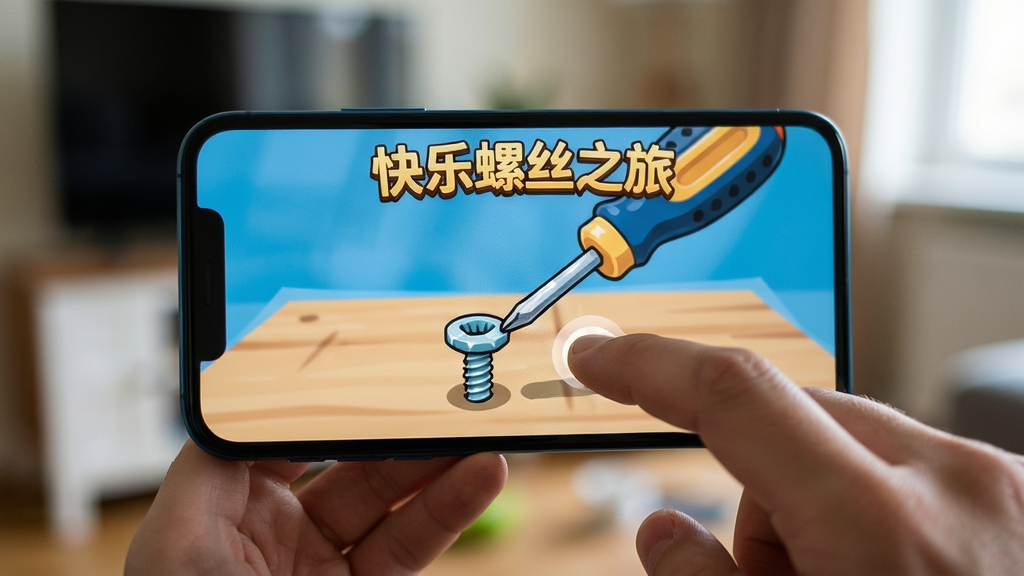 主体:玩家手拿手机,屏幕显示《快乐螺丝之旅》游戏画面,另一只手正在触摸屏幕操作。布局:手机位于画面中央,背景是模糊的室内环境。排版:手机占画面70%,背景占30%。风格:写实摄影风格,光线自然。细节:手机屏幕显示螺丝刀对准螺丝的画面,手指触碰屏幕有轻微光泽。画质:高清,干净,无多余元素。