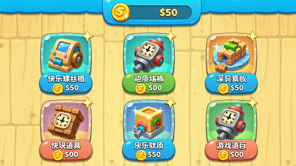 主体:《快乐螺丝之旅》游戏道具商店界面,展示各种道具的图标和价格。布局:道具图标呈网格排列,每个图标下方有名称和金币价格,顶部有玩家的金币数量。排版:网格布局,每行3个道具,共2行。风格:明亮卡通UI,按钮圆润,色彩鲜艳。细节:道具图标有立体感,金币有闪光效果,背景是淡黄色的木纹桌面。画质:清晰,干净,无多余元素。