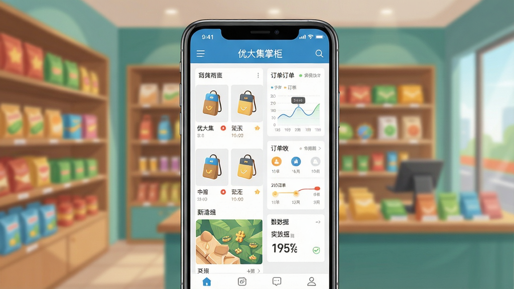 ����Ϊһ�������ֻ���Ļռ�ݻ������ģ���Ļ��������ʾ���Ŵ��ƹ�APP�����棬�����а�����Ʒ�б�������ͼ���͵������ݿ�Ƭ�����ֲ����ֻ����С������黯�ĵ��̻��ܳ������Ű������ͻ��APP����ϸ�ڡ����Ϊдʵ��ҵ�廭�磬ɫ�������ɾ���ϸ�ڷḻ�����ʸ��壬���֡��Ŵ��ƹ���ʾ���ֻ���Ļ���������廭��ɾ��޶���Ԫ�ء�