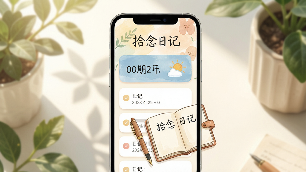 主体:一部智能手机屏幕显示“拾念日记”App主界面,界面简洁,有淡雅的背景和手写风格的“拾念日记”文字标题。布局:手机居中,屏幕内容清晰可见,周围有柔和的植物和光影。排版:界面采用卡片式布局,上方显示日期和天气,下方有日记列表。风格:清新文艺,淡彩手绘风,温暖治愈。细节:屏幕中有一支笔和翻开的笔记本,笔记本上写着“拾念日记”四个字。画质:高清,干净,无多余元素。