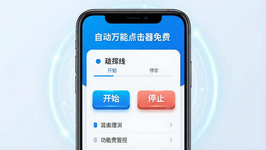 主体:手机屏幕展示“自动万能点击器免费”的操作界面,界面清晰显示“开始”“停止”按钮和功能列表。布局:手机居中,屏幕内容放大展示,周围有简洁的光效。排版:界面元素排列整齐,按钮醒目。风格:现代科技感,色彩明亮,蓝色和白色为主。细节:屏幕内显示“自动万能点击器免费”字样,按钮有立体感。画质:高清,干净,无多余元素。