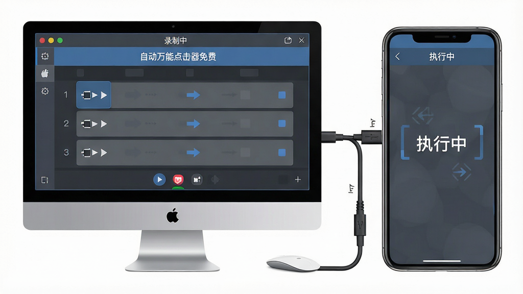 主体:电脑屏幕和手机并排,屏幕上显示“自动万能点击器免费”的脚本录制界面,手机在旁连接。布局:左侧电脑,右侧手机,中间有数据线连接。排版:界面显示录制的动作序列。风格:商务科技风,灰蓝配色。细节:电脑屏幕上有“录制中”字样,手机显示“执行中”。画质:清晰,干净,无多余元素。