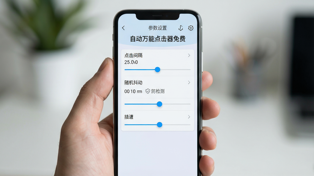 主体:一只手拿着手机,屏幕上显示“自动万能点击器免费”的参数设置界面,包含“点击间隔”“随机抖动”等选项。布局:手机居中,背景虚化。排版:参数列表清晰,有滑动条。风格:清爽简洁,浅色背景。细节:屏幕上有“防检测”字样。画质:高清,干净,无多余元素。