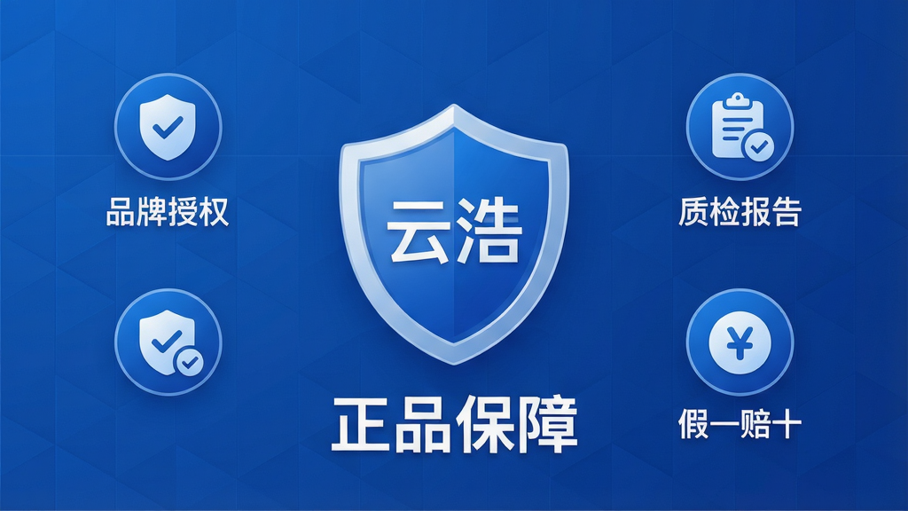 主体:云APP的“正品保障”页面,展示盾牌图标和“正品保障”文字;布局:盾牌居中,周围环绕“品牌授权”“质检报告”“假一赔十”图标;排版:对称分布,重点突出;风格:商务简约,蓝色调;细节:盾牌上有“云”字样,背景有网格纹理;画质:高清,干净无多余元素