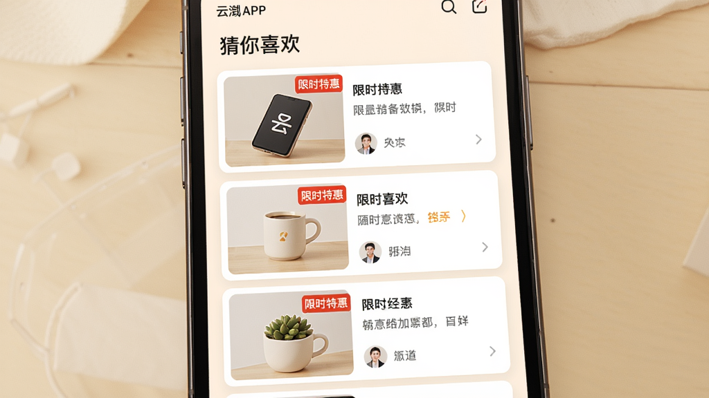 主体:手机屏幕上显示云APP的“猜你喜欢”推荐列表;布局:列表从上到下展示商品卡片,左侧图片右侧文字;排版:瀑布流布局,错落有致;风格:清新简约,暖色调;细节:商品图片清晰,标注“限时特惠”红色标签;画质:高清渲染,干净无多余元素