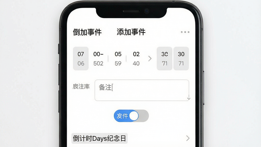 倒计时DaysMay应用内创建纪念日的页面,顶部有“添加事件”标题,下方包含日期选择器和备注输入框,背景为白色,布局简洁,排版规整,风格清新,细节展示农历切换按钮和示例文字,画质干净,无多余元素