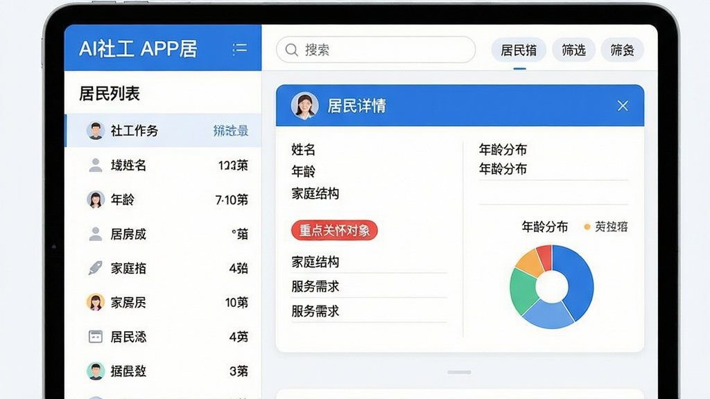 主体:AI社工APP的居民档案管理界面,左侧为居民列表,右侧为某居民详情卡片,包含姓名、年龄、家庭结构、服务需求等字段,顶部有搜索栏和筛选标签。布局:平板电脑横屏展示,界面分栏清晰。排版:列表与详情并排,数据对齐。风格:商务简洁,蓝白配色。细节:详情卡片上标注“重点关怀对象”红色标签,图表区域显示年龄分布饼图。画质:清晰锐利,界面干净无杂乱元素。