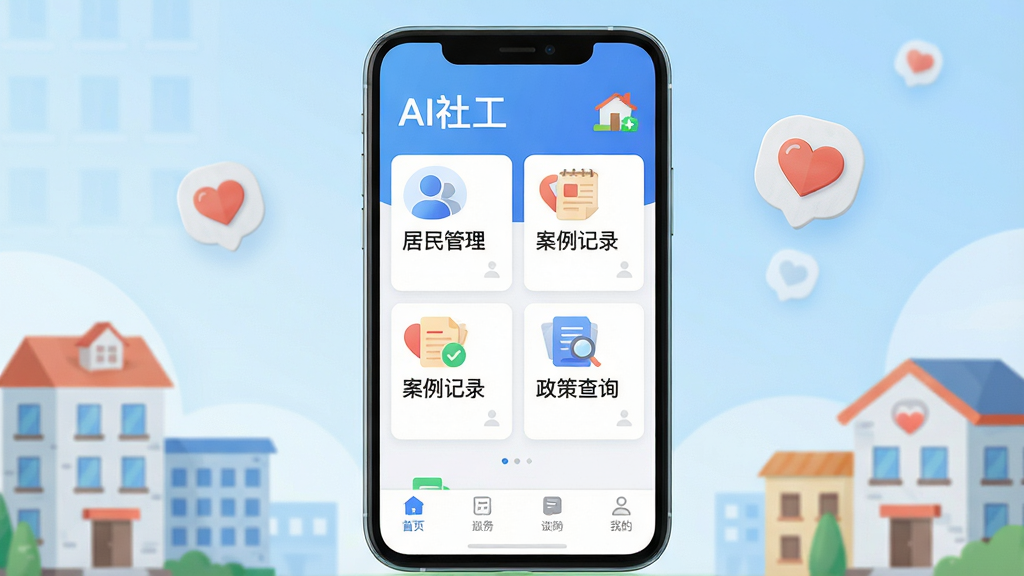 主体:一部智能手机屏幕显示AI社工APP主界面,界面风格简洁专业,上方有“AI社工”字样和社区服务图标,中部展示居民档案、案例记录、政策库等模块卡片,底部有导航栏。布局:手机居中,背景为浅蓝色渐变,周围有社区建筑和爱心图标点缀。排版:界面卡片整齐排列,文字清晰。风格:现代扁平化,色彩明快。细节:屏幕内显示“居民管理”“案例记录”“政策查询”等中文标签,图标精致。画质:高清渲染,干净无多余元素。