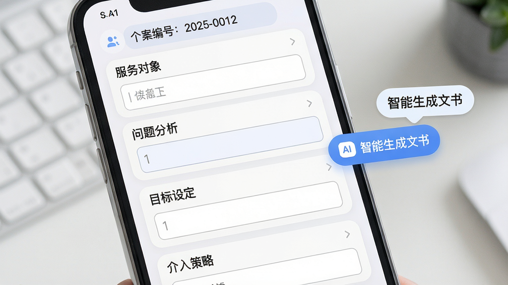 主体:AI社工APP的个案记录编辑页面,屏幕上显示结构化表单,包含服务对象、问题分析、目标设定、介入策略等区域,右侧悬浮AI建议按钮。布局:手机竖屏展示,表单纵向排列。排版:分段式布局,每段有标题和输入框。风格:柔和浅色背景,圆角卡片。细节:AI建议按钮旁有“智能生成文书”文字气泡,顶部显示“个案编号:2025-0012”。画质:高清,界面整洁无冗余。