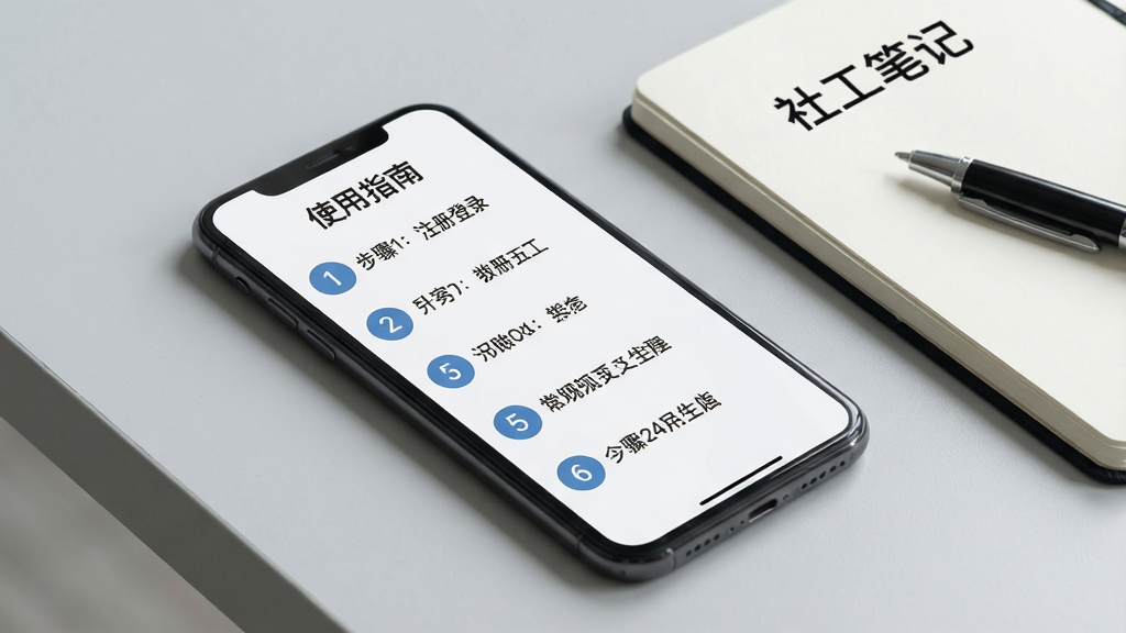 主体:一部手机放在桌面上,屏幕显示AI社工的“使用指南”页面,有步骤列表和图标,旁边有一本笔记本和笔。布局:手机侧放,桌面干净,背景为浅灰色。排版:步骤以数字圆圈排列,文字清晰。风格:写实摄影风格。细节:手机屏幕内显示“步骤1:注册登录”等字样,笔记本上写着“社工笔记”。画质:高清,画面干净无杂物。