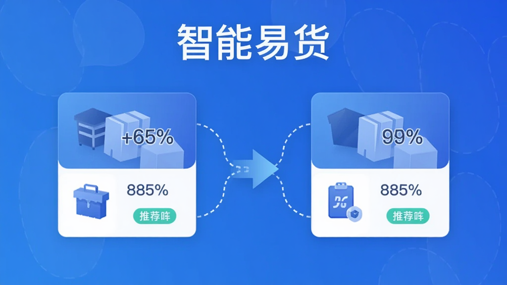 图片主体为华尚通汇APP的智能匹配功能界面,中央展示两个商品卡片通过虚线连接,象征匹配成功;布局左右对称,商品卡片分别位于两侧,中间为匹配箭头;排版简洁,上方有“智能易货”标题;风格为科技感插画,蓝色渐变背景;细节包括商品图标、匹配百分比、推荐标签;画质干净,无多余元素。