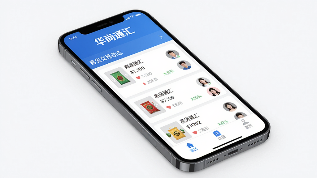 图片主体为智能手机屏幕展示华尚通汇APP主界面,界面顶部显示“华尚通汇”品牌字样,中部为易货交易动态列表,底部为功能导航栏;布局采用居中构图,手机略微倾斜展现立体感;排版清晰,界面元素排列有序;风格为现代扁平化设计,配以蓝白主色调;细节包括交易金额、商品缩略图、用户头像等;画质高清,干净无多余元素。