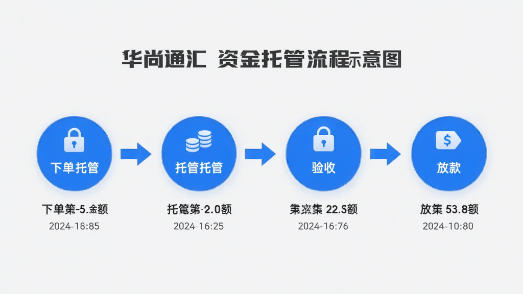 图片主体为华尚通汇APP资金托管流程示意图,采用横向时间轴布局,从左至右依次为“下单-托管-验收-放款”四个节点;排版清晰,节点间以箭头连接;风格为简约商务风,浅灰色背景搭配蓝色高亮节点;细节包括安全锁图标、金额数字、时间戳;画质高清,无多余元素。