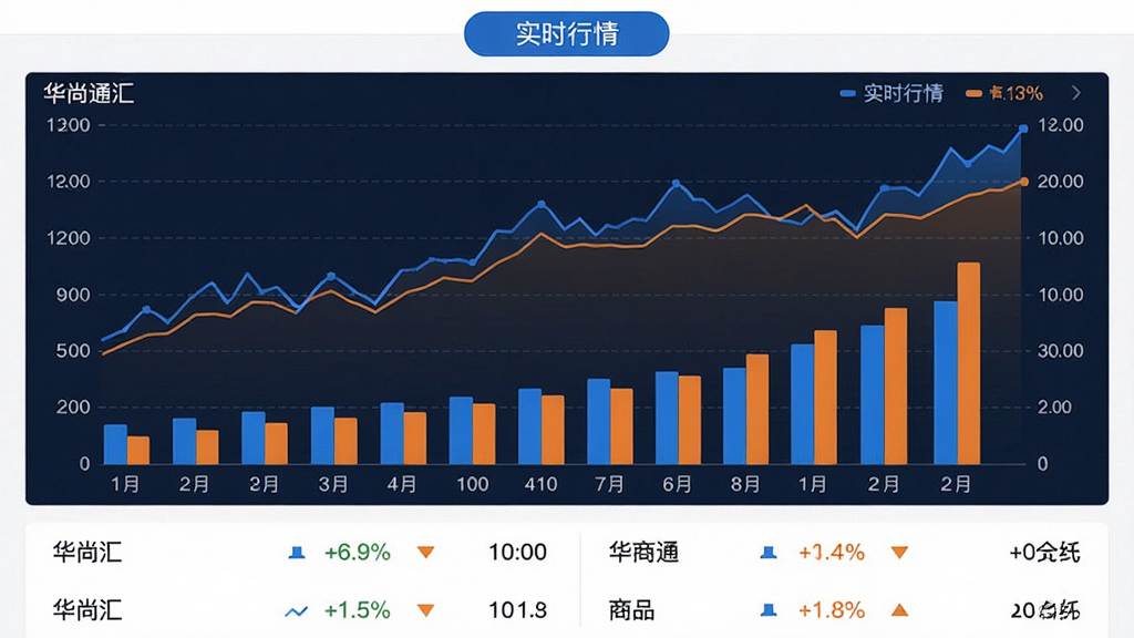 图片主体为华尚通汇APP行情看板界面,屏幕内展示折线图与柱状图,顶部为“实时行情”标签;布局为上下结构,上部图表、下部数据列表;排版规整,图表配色以蓝橙对比;风格为数据可视化风格,背景白色;细节包括涨跌百分比、时间轴、商品名称;画质干净,无多余元素。